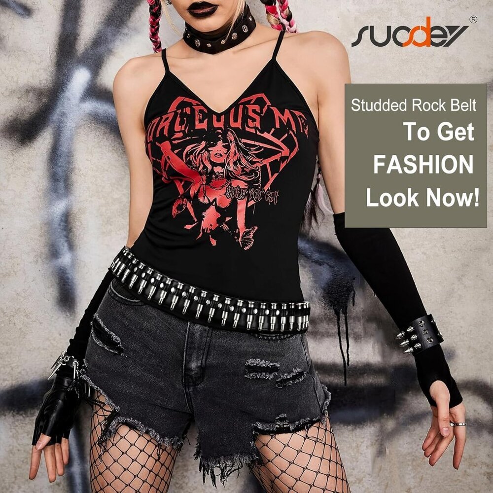 Black Studded Belt Silver Metal Grommet Punk Rock Style for Men Women - Picture 5 of 8